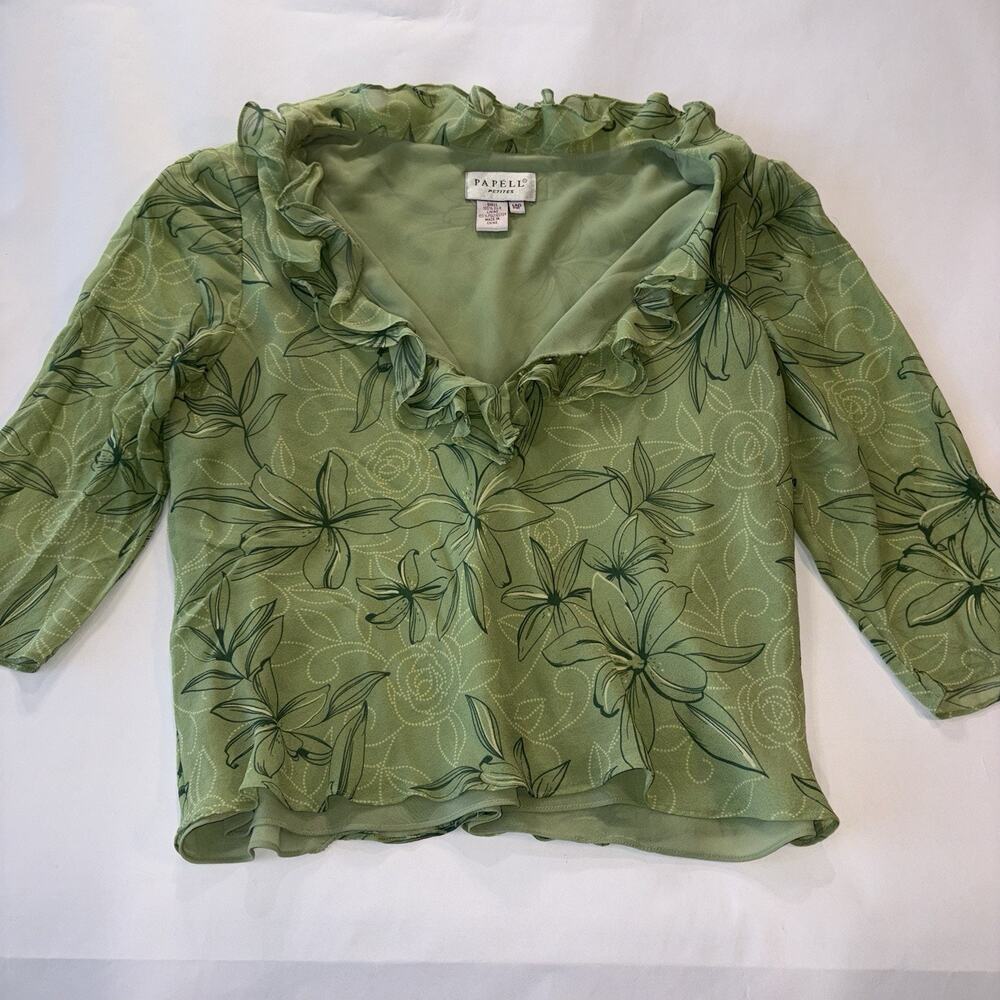 Papell Petites Silk Sage Green Flower Ruffle Blouse Boho Romantic Fairy Sheer - Picture 10 of 10